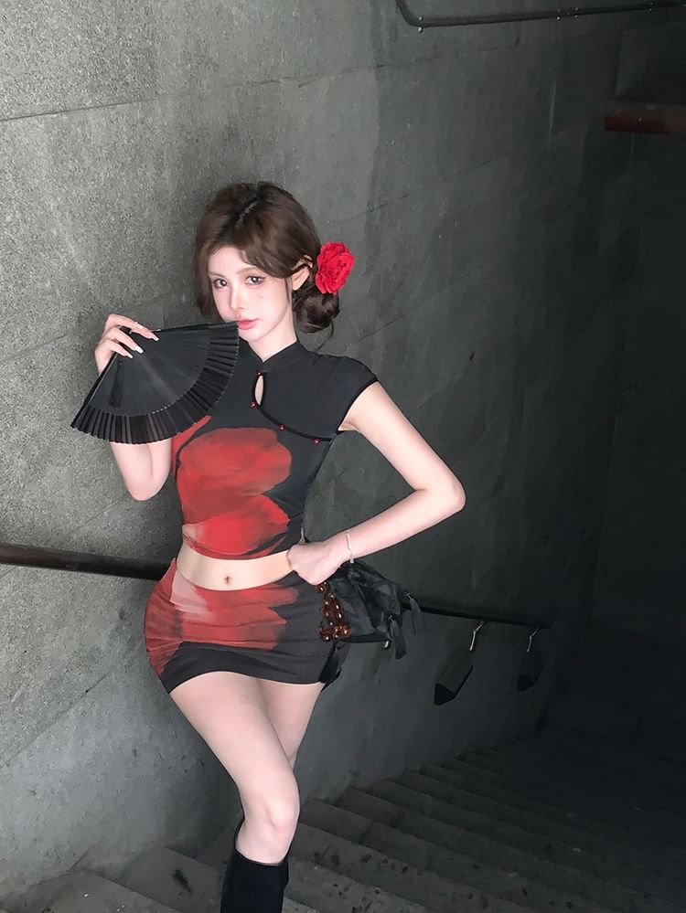 Mini / Collar Mid Waist Cap Pencil Crop Print Skirt Floral Sleeve Mandarin Top