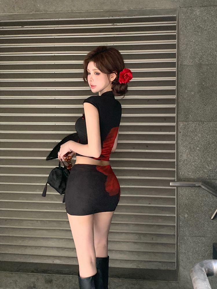 Mini / Collar Mid Waist Cap Pencil Crop Print Skirt Floral Sleeve Mandarin Top