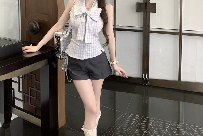 Dotted Ribbon Neck Sleeveless Top