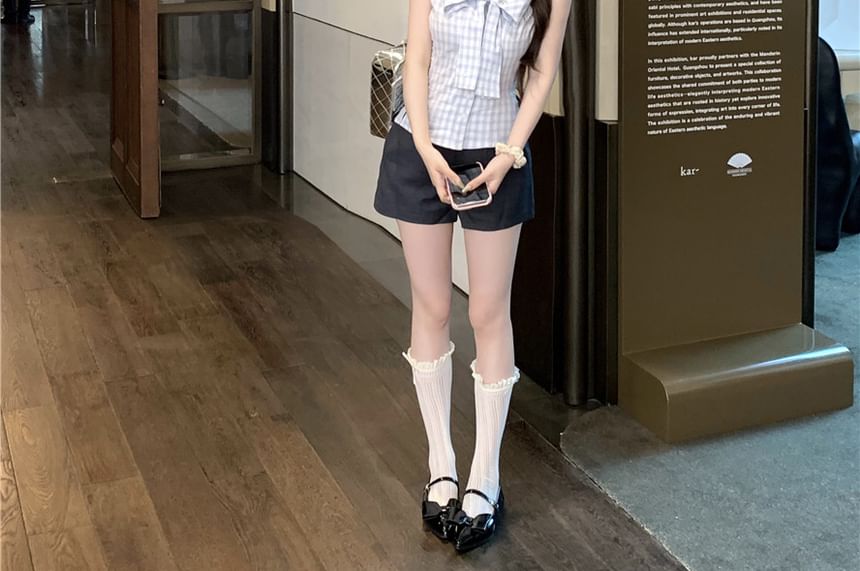 Dotted Ribbon Neck Sleeveless Top