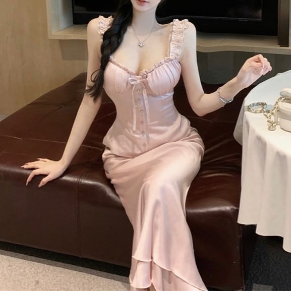 / Waist Maxi Frill High Plain Trim Skirt Top Fishtail Sleeveless