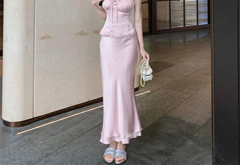 / Waist Maxi Frill High Plain Trim Skirt Top Fishtail Sleeveless