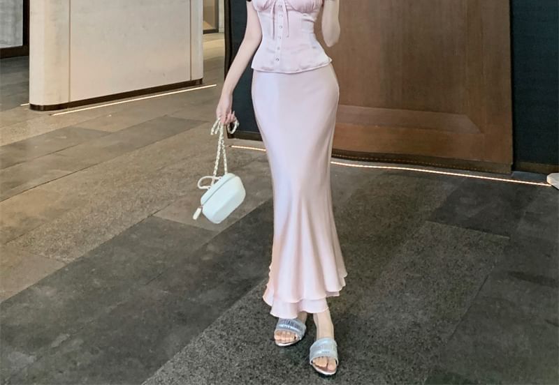 / Waist Maxi Frill High Plain Trim Skirt Top Fishtail Sleeveless