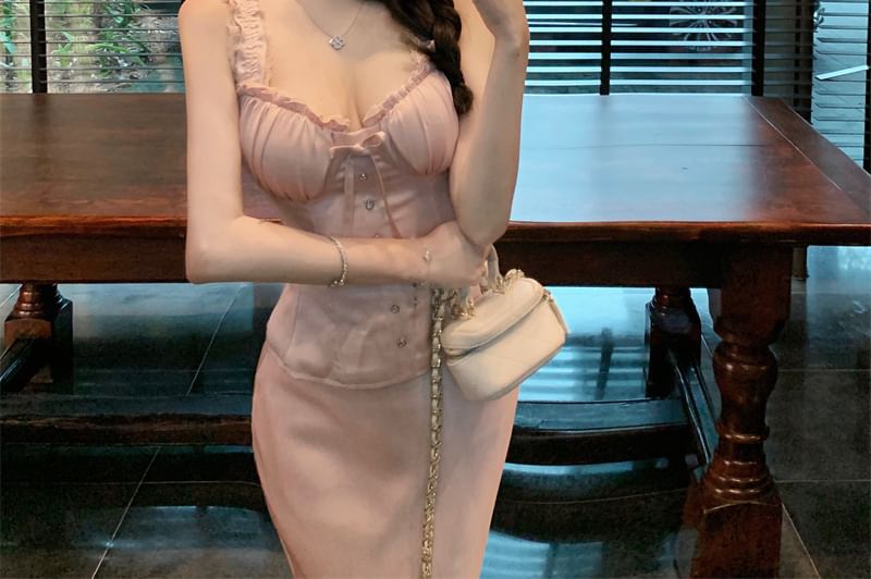 / Waist Maxi Frill High Plain Trim Skirt Top Fishtail Sleeveless