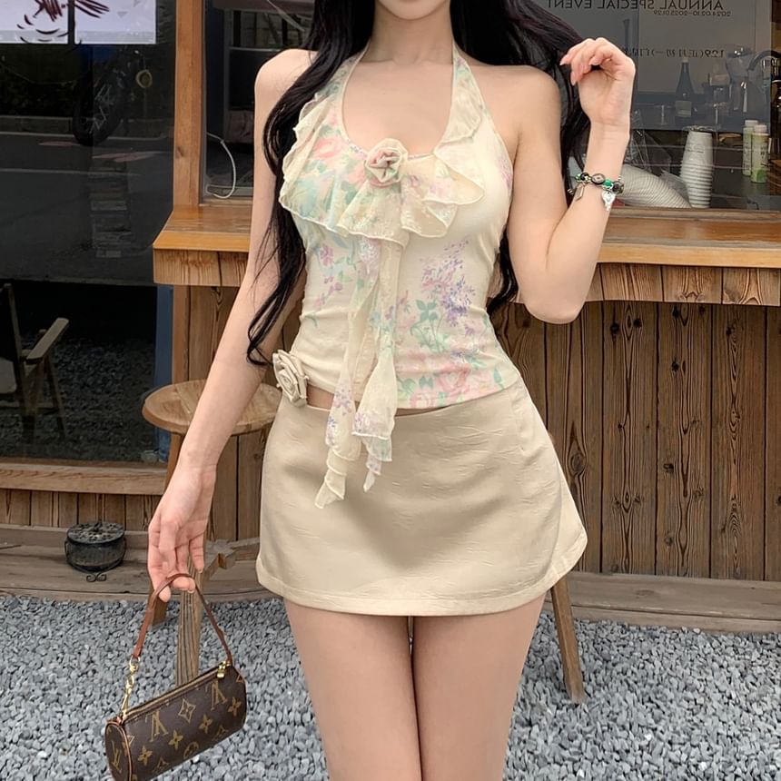 Skirt / Neck Print Top Crop Halter Mini