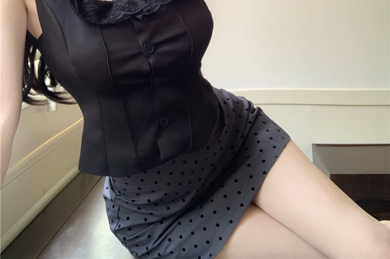 Sleeveless Plain Neck Skirt / Top Trim Frill Mini Square Dotted