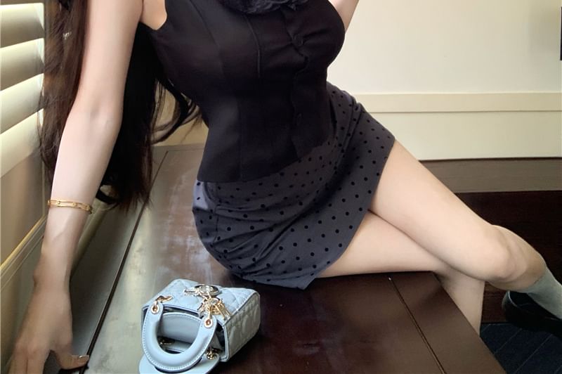 Sleeveless Plain Neck Skirt / Top Trim Frill Mini Square Dotted