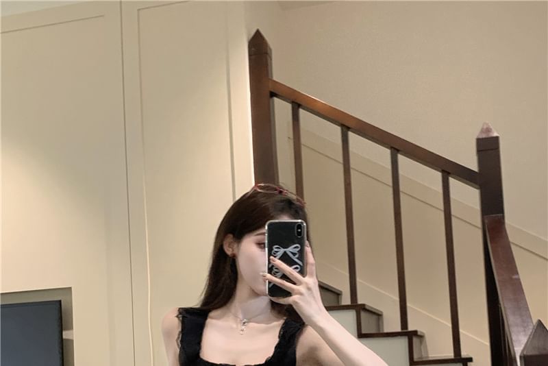 Sleeveless Plain Neck Skirt / Top Trim Frill Mini Square Dotted