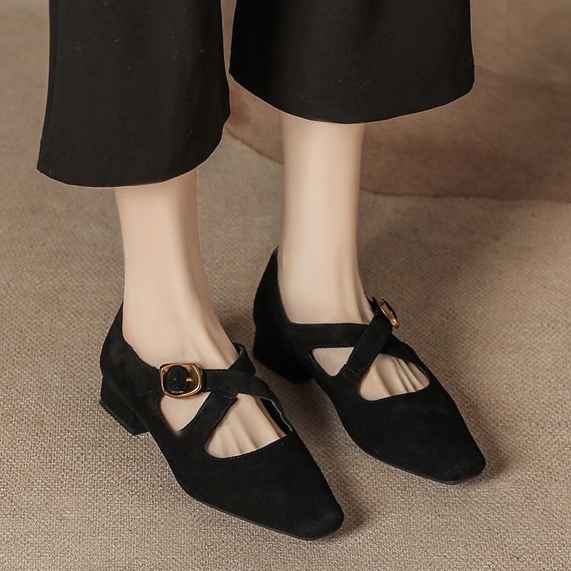 Shoes Cross Leopard Print Strap Jane Mary Chunky Heel