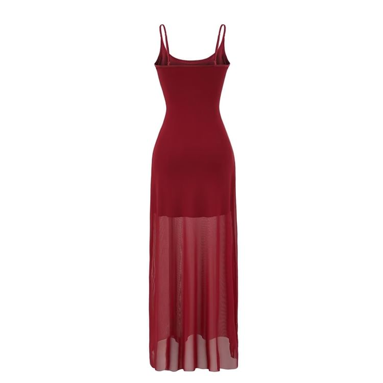 Mesh Spaghetti Strap A-Line Maxi Dress