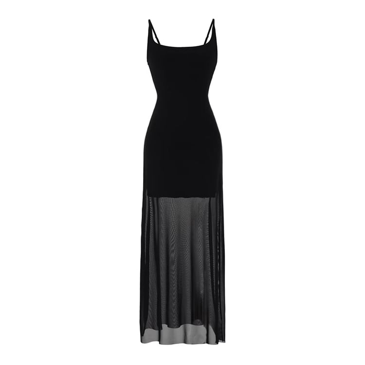 Mesh Spaghetti Strap A-Line Maxi Dress
