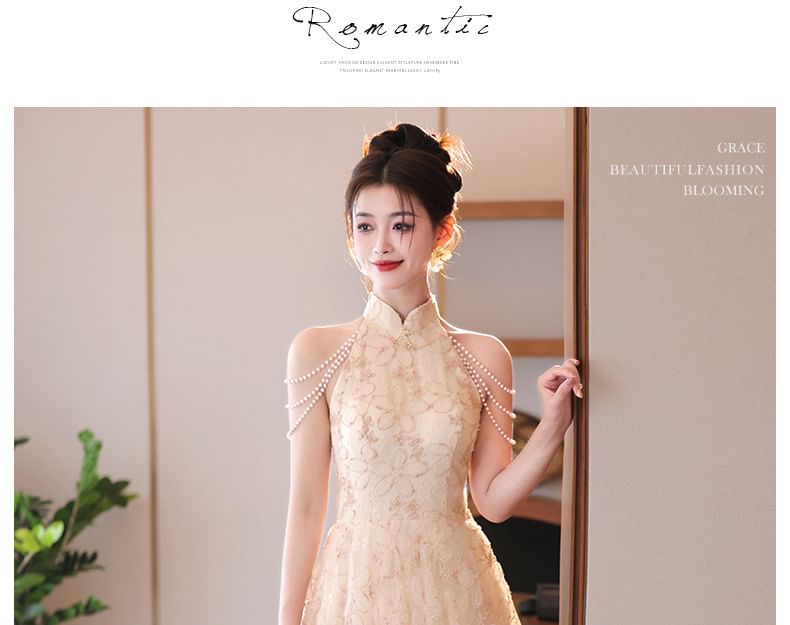 Floral Collar Evening Jacquard Halter Neck Dress Faux A-Line Stand Fringed Pearl