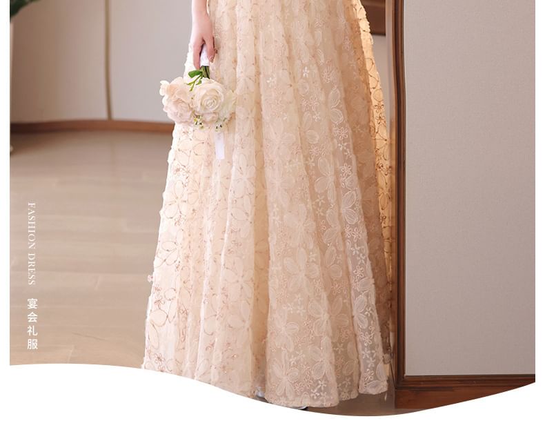 Floral Collar Evening Jacquard Halter Neck Dress Faux A-Line Stand Fringed Pearl