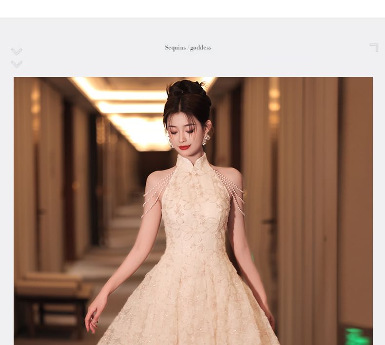 Floral Collar Evening Jacquard Halter Neck Dress Faux A-Line Stand Fringed Pearl