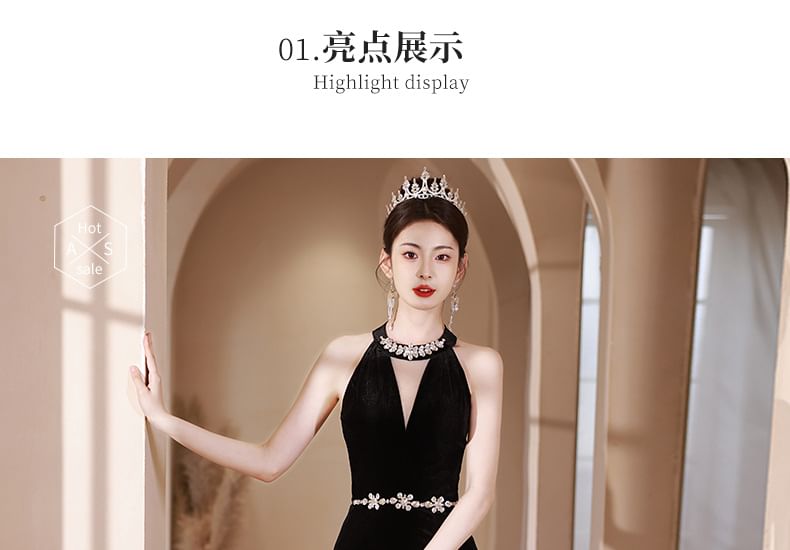 Rhinestone Dress Neck Cutout Mermaid Halter Accent Evening