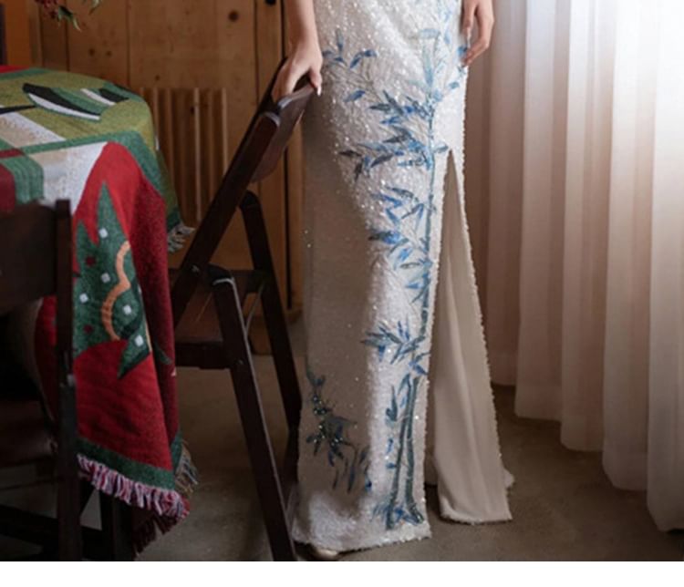 Halter Evening Embroidered Bamboo Mermaid Dress Neck Sequin Slit