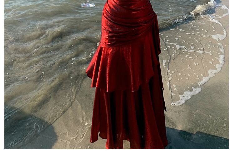 Spaghetti Strap Sweetheart Glitter Ruffle Trim Maxi A-Line