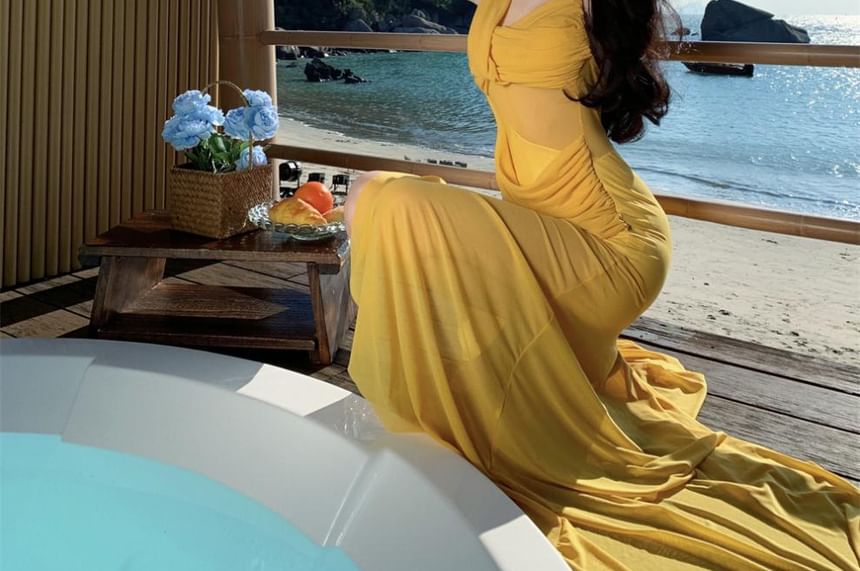 Spaghetti Strap V-Neck Asymmetrical Plain Maxi A-Line Dress