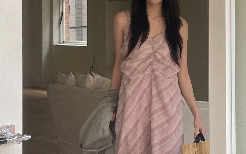 Plaid Spaghetti Strap V-Neck Maxi Dress