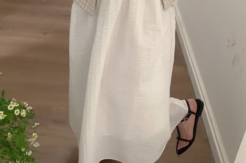 Short Sleeve Notch Lapel Tweed Faux Pearl Button Jacket