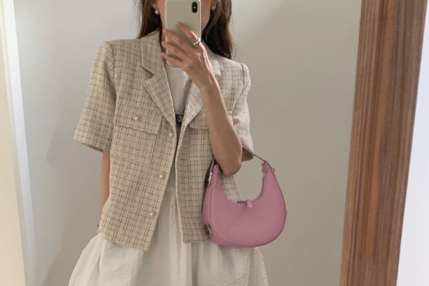 Short Sleeve Notch Lapel Tweed Faux Pearl Button Jacket