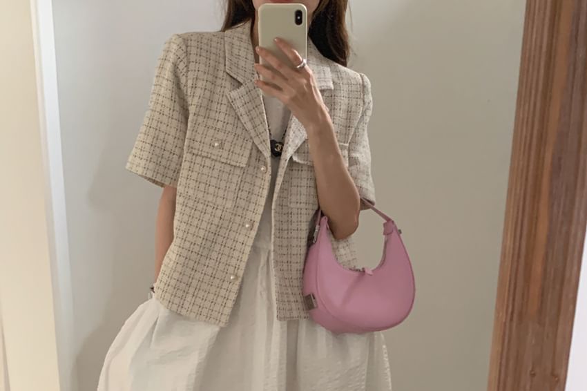 Short Sleeve Notch Lapel Tweed Faux Pearl Button Jacket