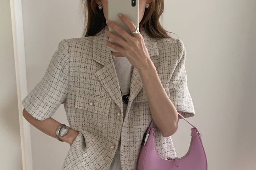 Short Sleeve Notch Lapel Tweed Faux Pearl Button Jacket