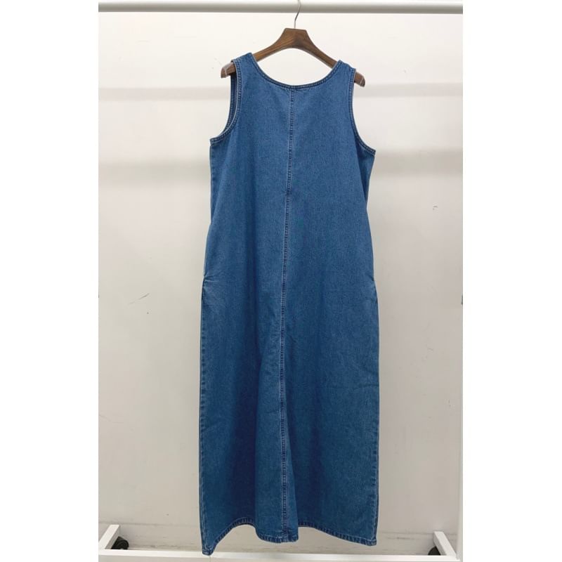Washed Round Neck Sleeveless Denim A-Line Maxi