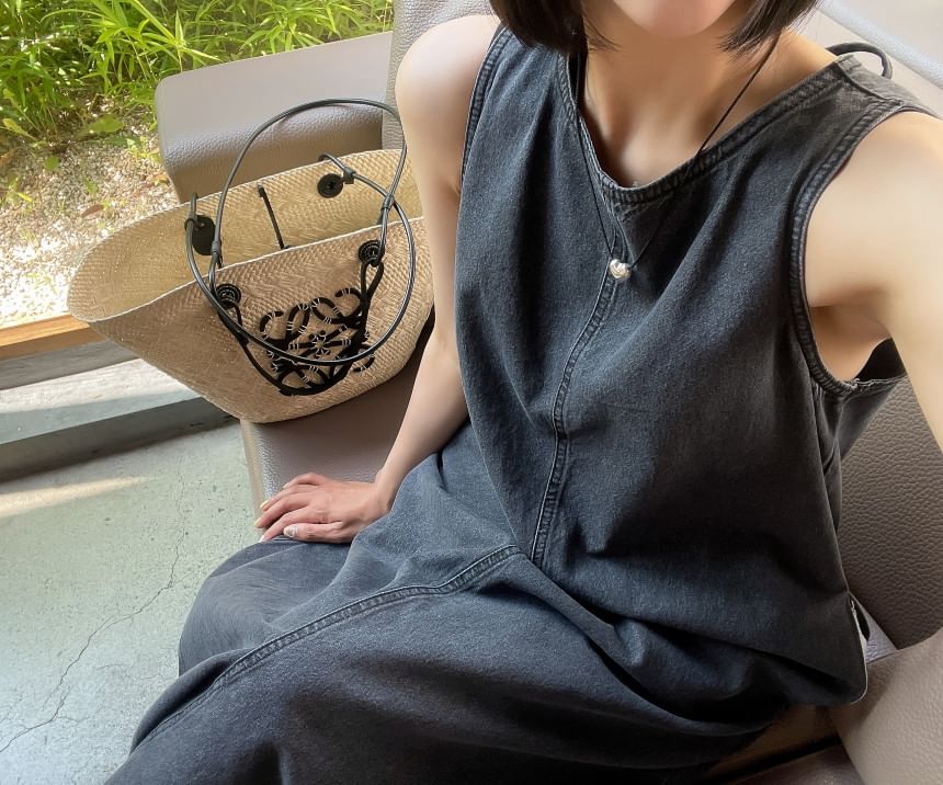 Washed Round Neck Sleeveless Denim A-Line Maxi