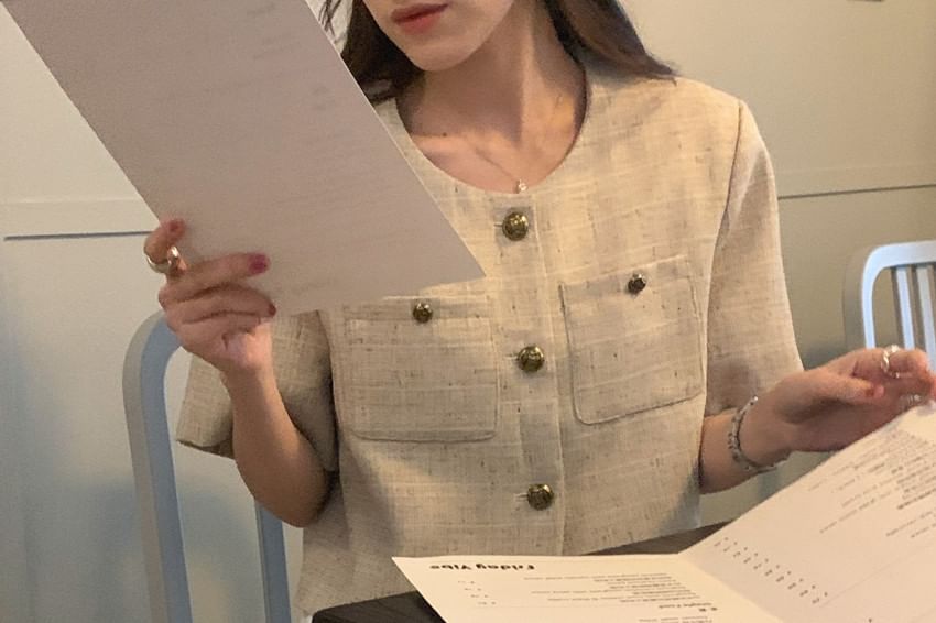 Short Sleeve Round Neck Tweed Button Jacket