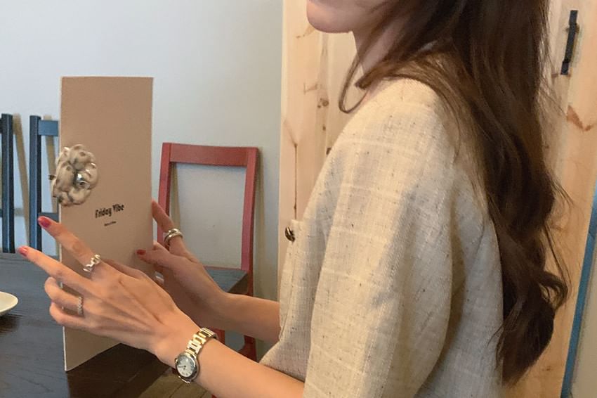 Short Sleeve Round Neck Tweed Button Jacket