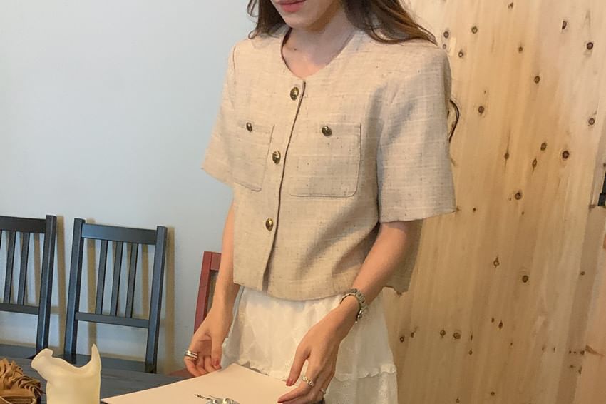 Short Sleeve Round Neck Tweed Button Jacket
