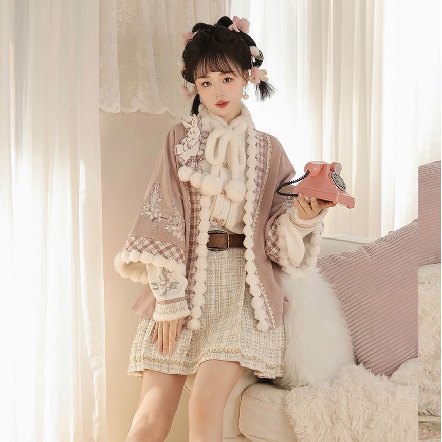 Long-Sleeve Stand Collar Jacquard Fluffy Trim Blouse / 3/4-Sleeve Rabbit Applique Open Front Jacket / High Waist Pleated Tweed Mini A-Line Skirt / Belt / Set