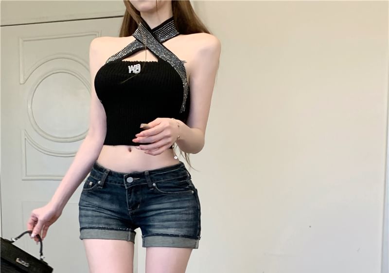 Hem Denim Roll Pants Washed Low Up Hot Rise