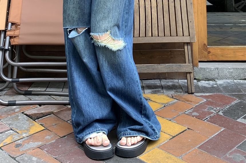 Ripped Waist Wide Jeans Washed Mid Leg
