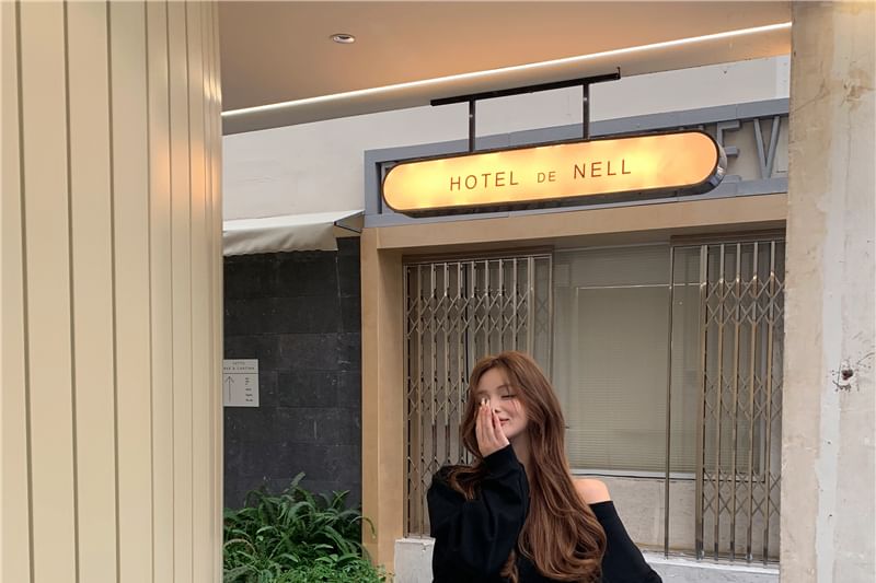 Drawstring Pullover Contrast Waist Off-Shoulder / Trim Plain