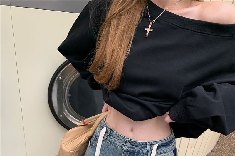 Drawstring Pullover Contrast Waist Off-Shoulder / Trim Plain