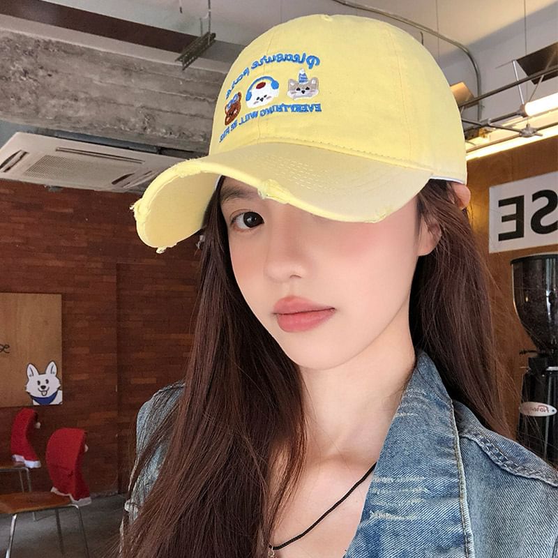 Cap Baseball Distressed Embroidered Cartoon
