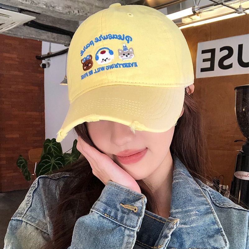 Cap Baseball Distressed Embroidered Cartoon