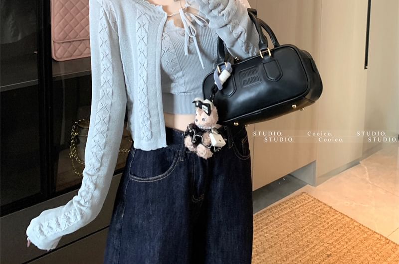 Sleeveless Plain Crop Cable + Neck Cardigan Scoop Top Knit Set: