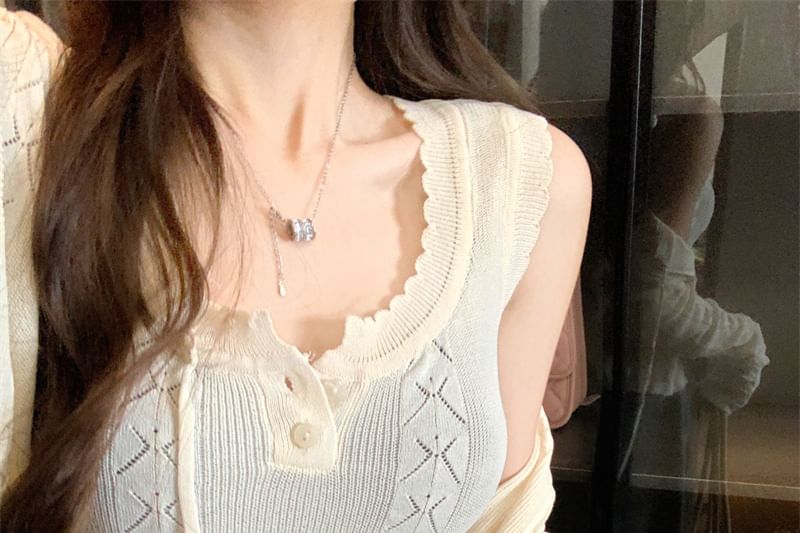 Sleeveless Plain Crop Cable + Neck Cardigan Scoop Top Knit Set: