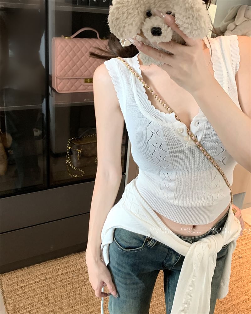 Sleeveless Plain Crop Cable + Neck Cardigan Scoop Top Knit Set: