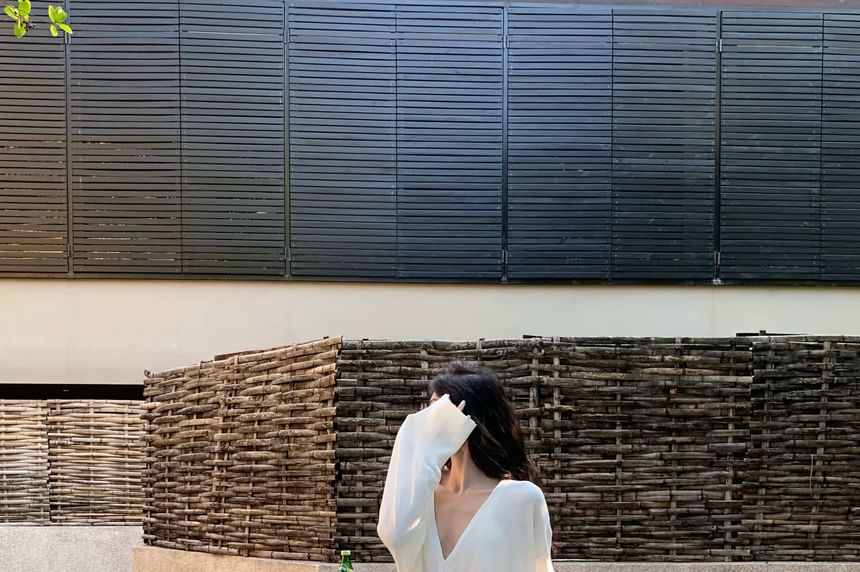 Skirt Mid A-Line V-Neck / Plain Maxi Long-Sleeve Blouse Waist