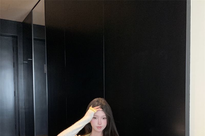 Pencil Contrast Skirt Cami Button Mini / Cardigan Neck Top Waist Scoop High Trim