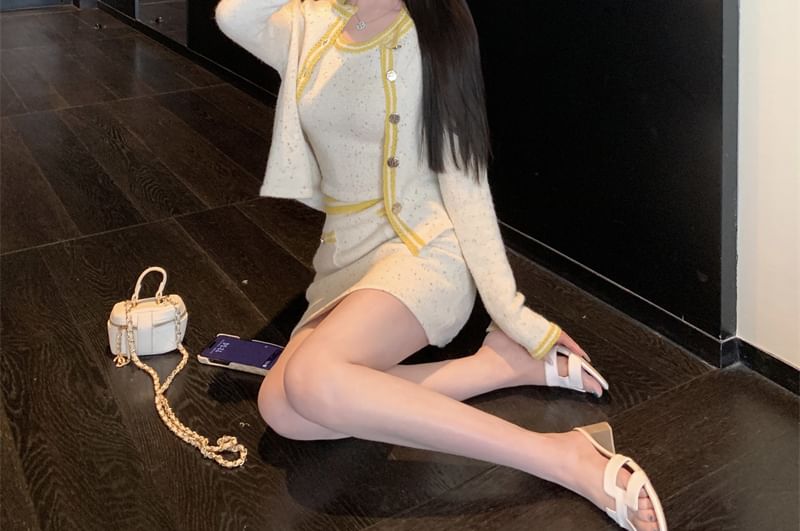 Pencil Contrast Skirt Cami Button Mini / Cardigan Neck Top Waist Scoop High Trim