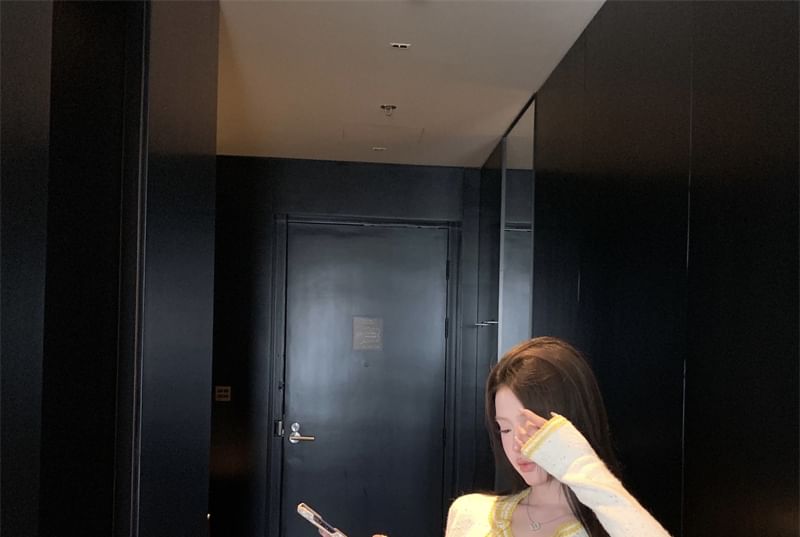 Pencil Contrast Skirt Cami Button Mini / Cardigan Neck Top Waist Scoop High Trim