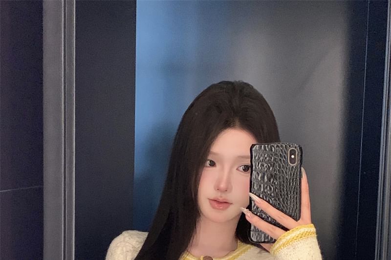 Pencil Contrast Skirt Cami Button Mini / Cardigan Neck Top Waist Scoop High Trim