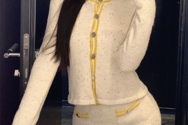 Pencil Contrast Skirt Cami Button Mini / Cardigan Neck Top Waist Scoop High Trim