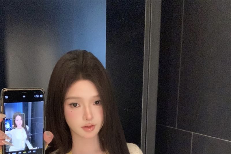 Pencil Contrast Skirt Cami Button Mini / Cardigan Neck Top Waist Scoop High Trim