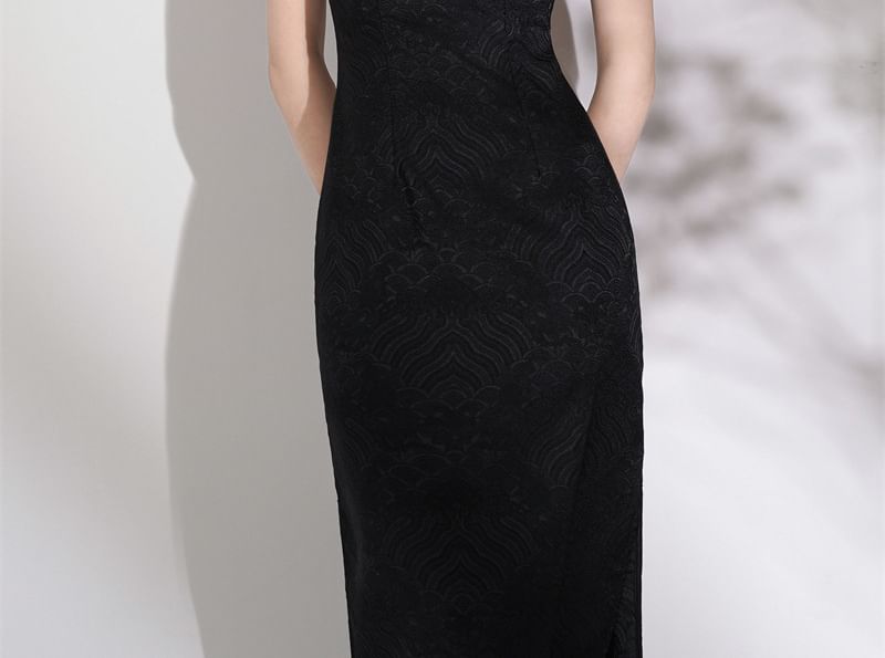 Sleeveless Stand Collar Plain Maxi Sheath Dress